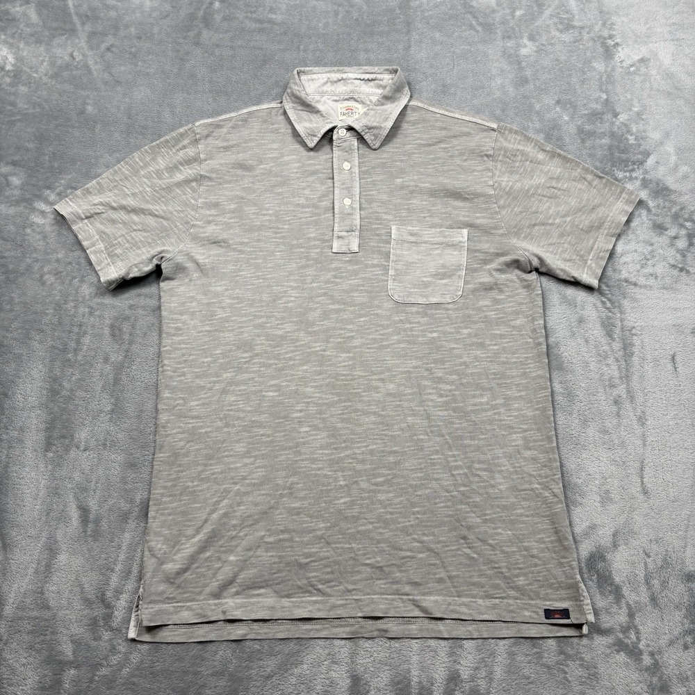 Faherty Sunwashed T-Shirt Polo Men's Medium Gray 100% Cotton Slub Pocket Peru